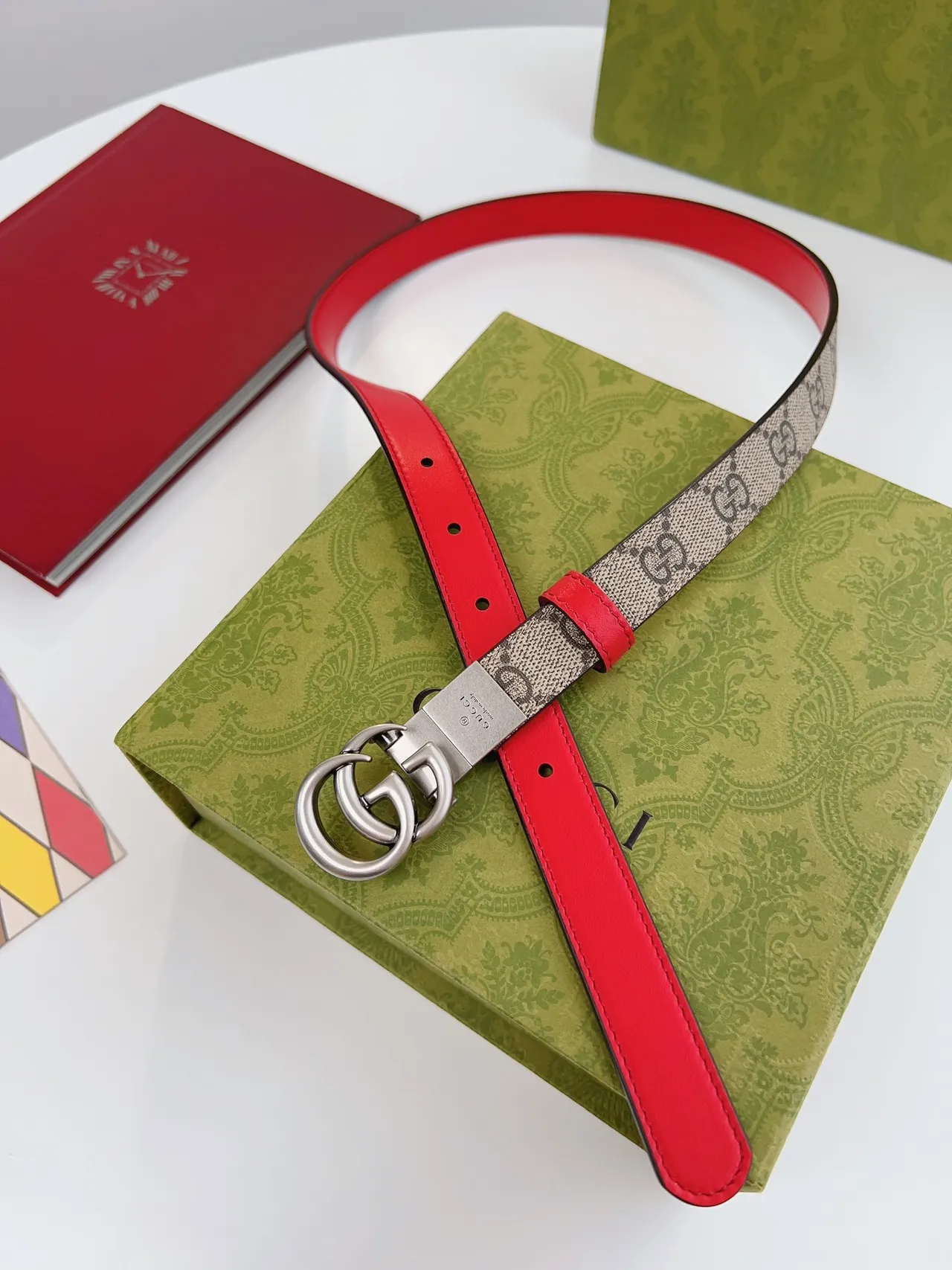Gucci Horsebit 1955 GG Monogram Canvas and Red Leather Belt 6