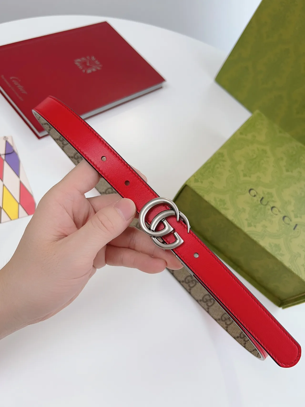 Gucci Horsebit 1955 GG Monogram Canvas and Red Leather Belt 7