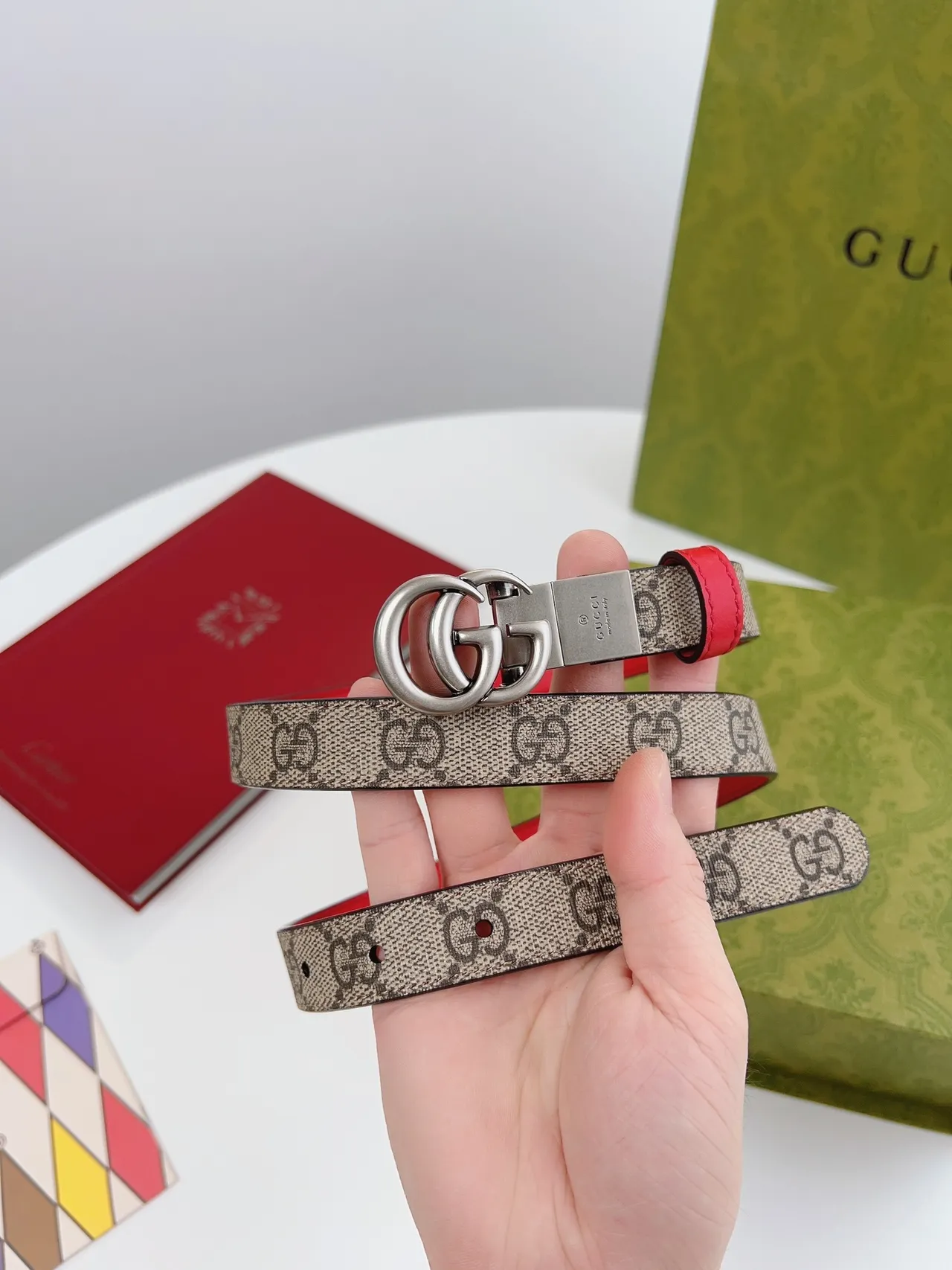 Gucci Horsebit 1955 GG Monogram Canvas and Red Leather Belt 9