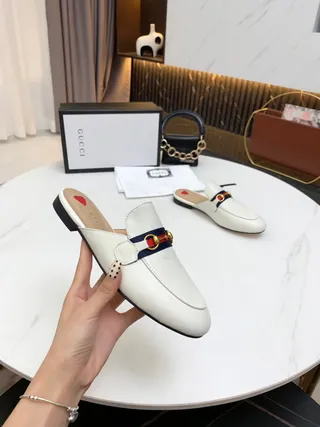 Gucci Horsebit 1955 White Navy Leather Mule Web Stripe Accent Loafer 3