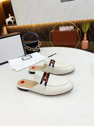 Gucci Horsebit 1955 White Navy Leather Mule Web Stripe Accent Loafer 5