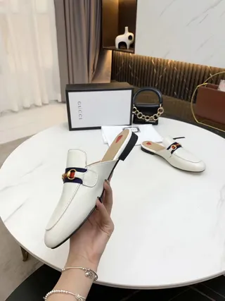 Gucci Horsebit 1955 White Navy Leather Mule Web Stripe Accent Loafer 6