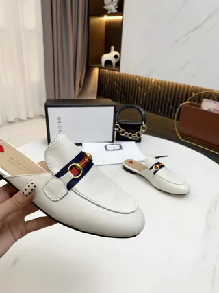 Gucci Horsebit 1955 White Navy Leather Mule Web Stripe Accent Loafer 7
