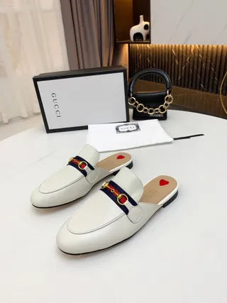 Gucci Horsebit 1955 White Navy Leather Mule Web Stripe Accent Loafer 8