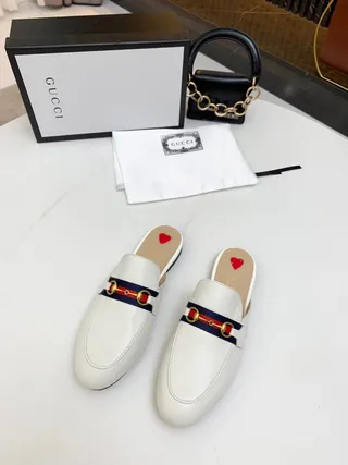 Gucci Horsebit 1955 White Navy Leather Mule Web Stripe Accent Loafer 9