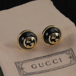 Gucci إنترلوكينج جي لوجو ستد أسود ذهبي دائري مينا أقراط