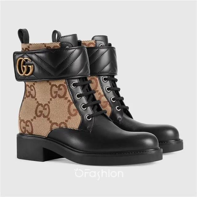 Gucci Le Cagole Black and Beige GG Monogram Ankle Boots 6