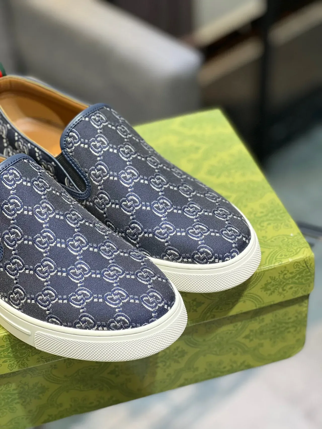 Gucci Navy White GG Monogram Canvas Slip-On Construction Lifestyle Sneakers 3