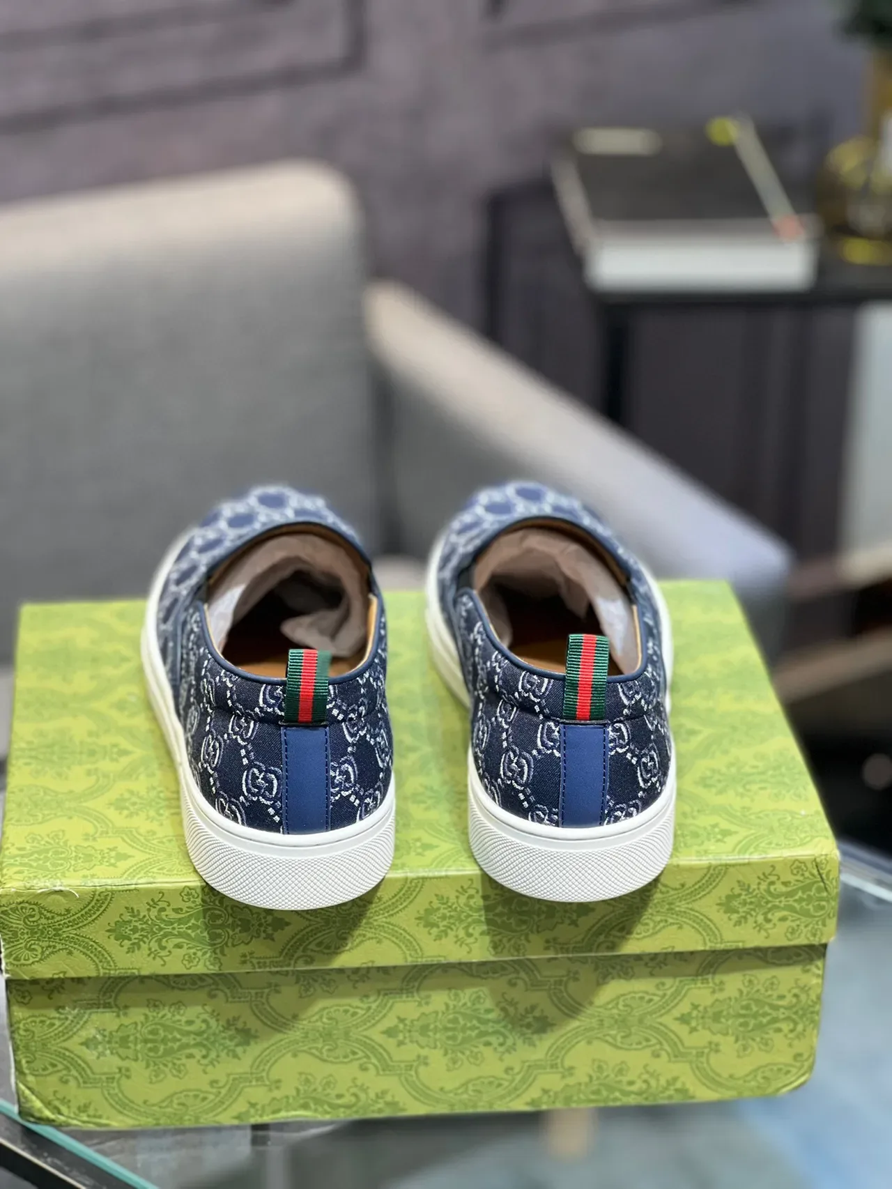 Gucci Navy White GG Monogram Canvas Slip-On Construction Lifestyle Sneakers 4