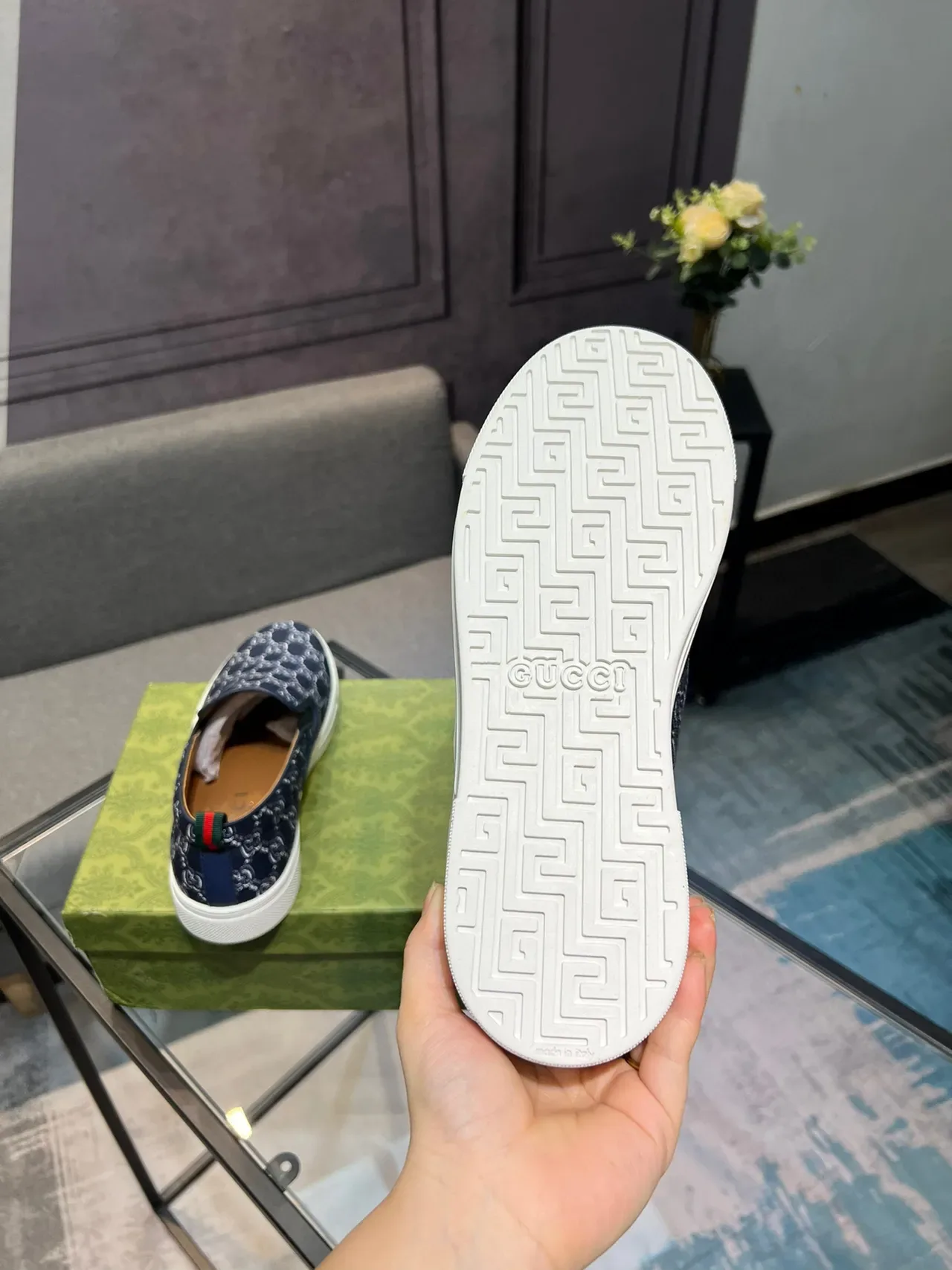 Gucci Navy White GG Monogram Canvas Slip-On Construction Lifestyle Sneakers 5