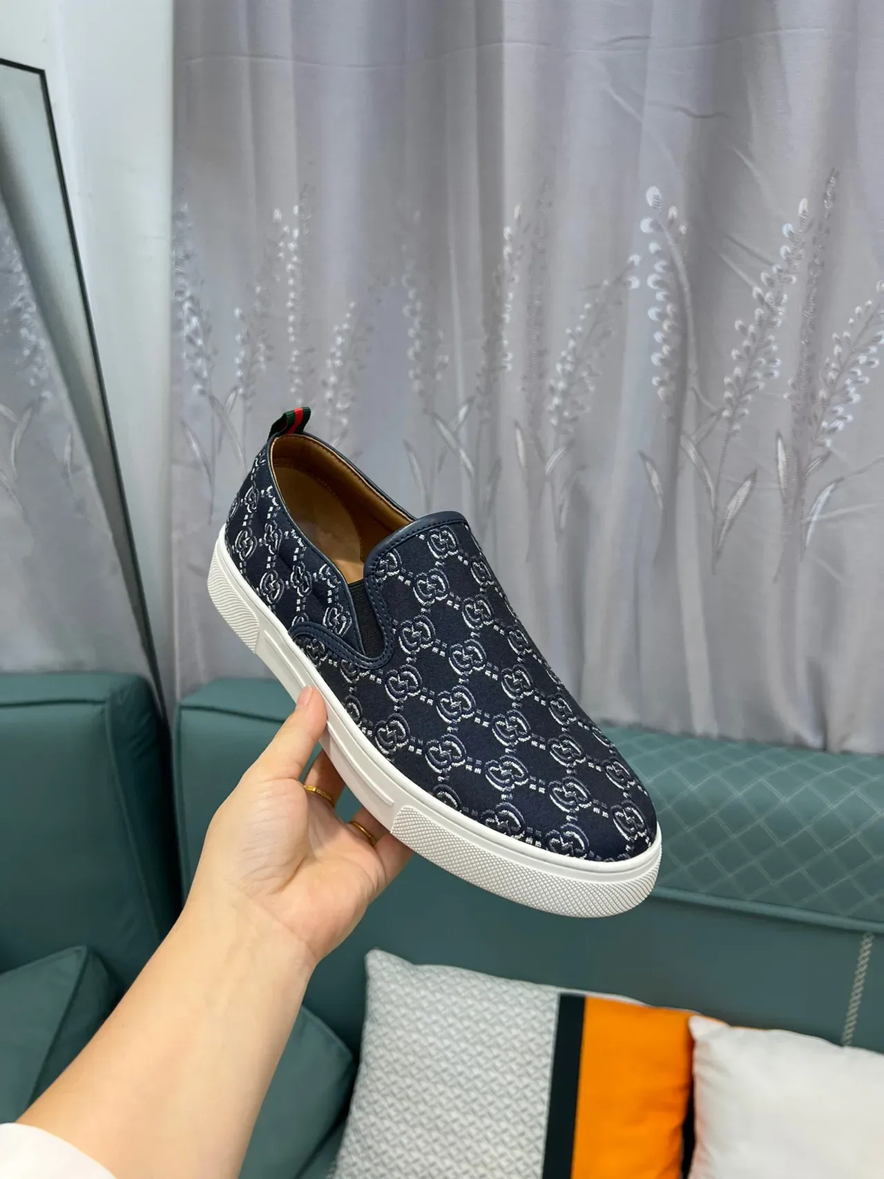 Gucci Navy White GG Monogram Canvas Slip-On Construction Lifestyle Sneakers 6