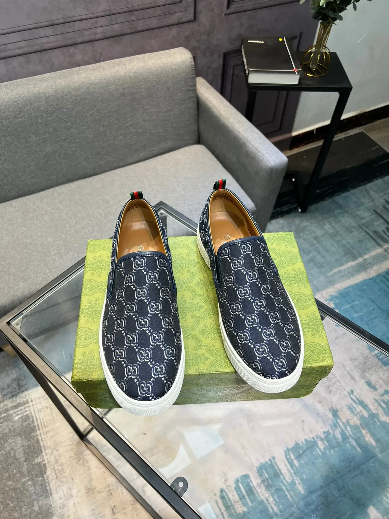 Gucci Navy White GG Monogram Canvas Slip-On Construction Lifestyle Sneakers 7