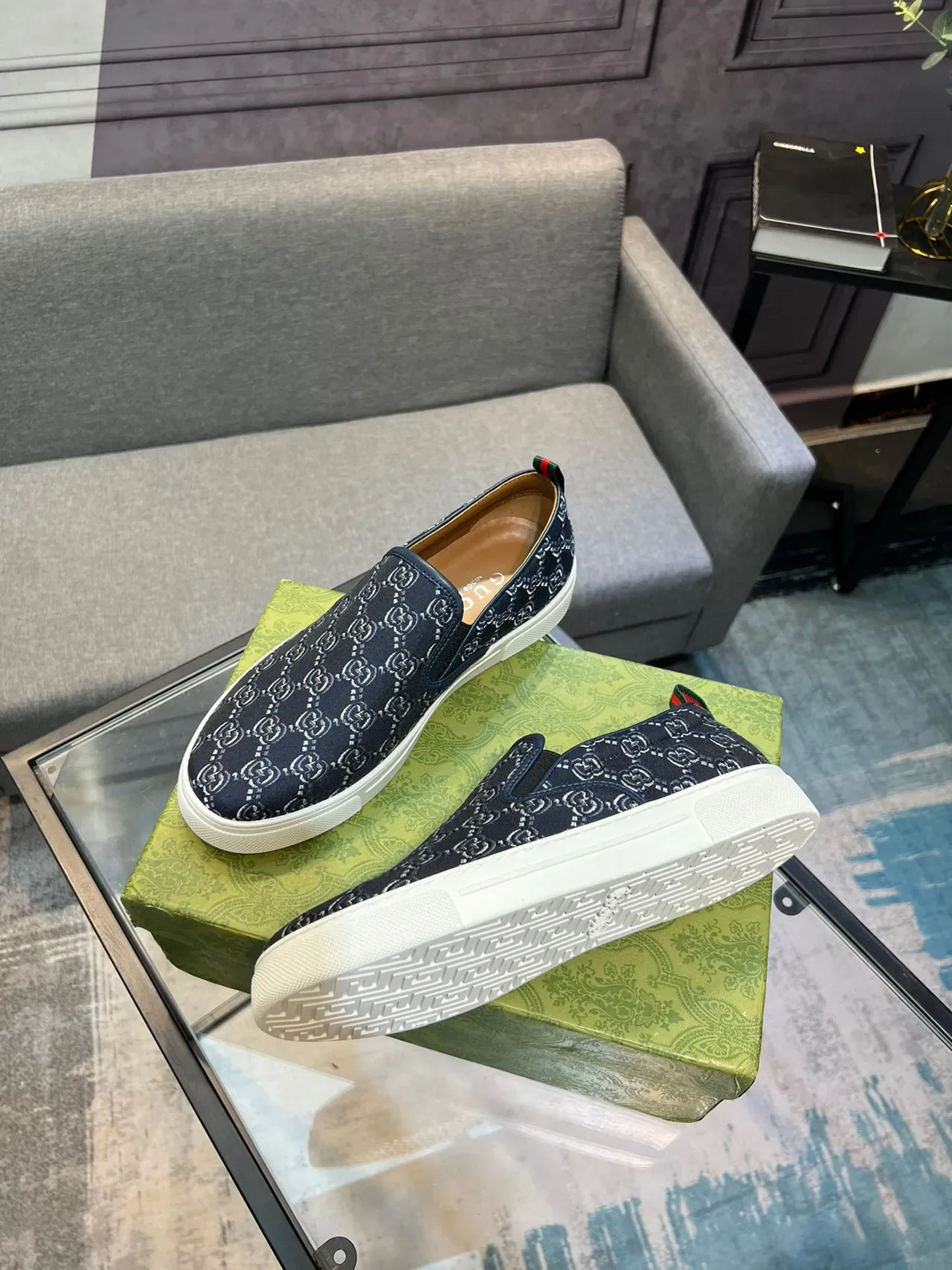 Gucci Navy White GG Monogram Canvas Slip-On Construction Lifestyle Sneakers 8