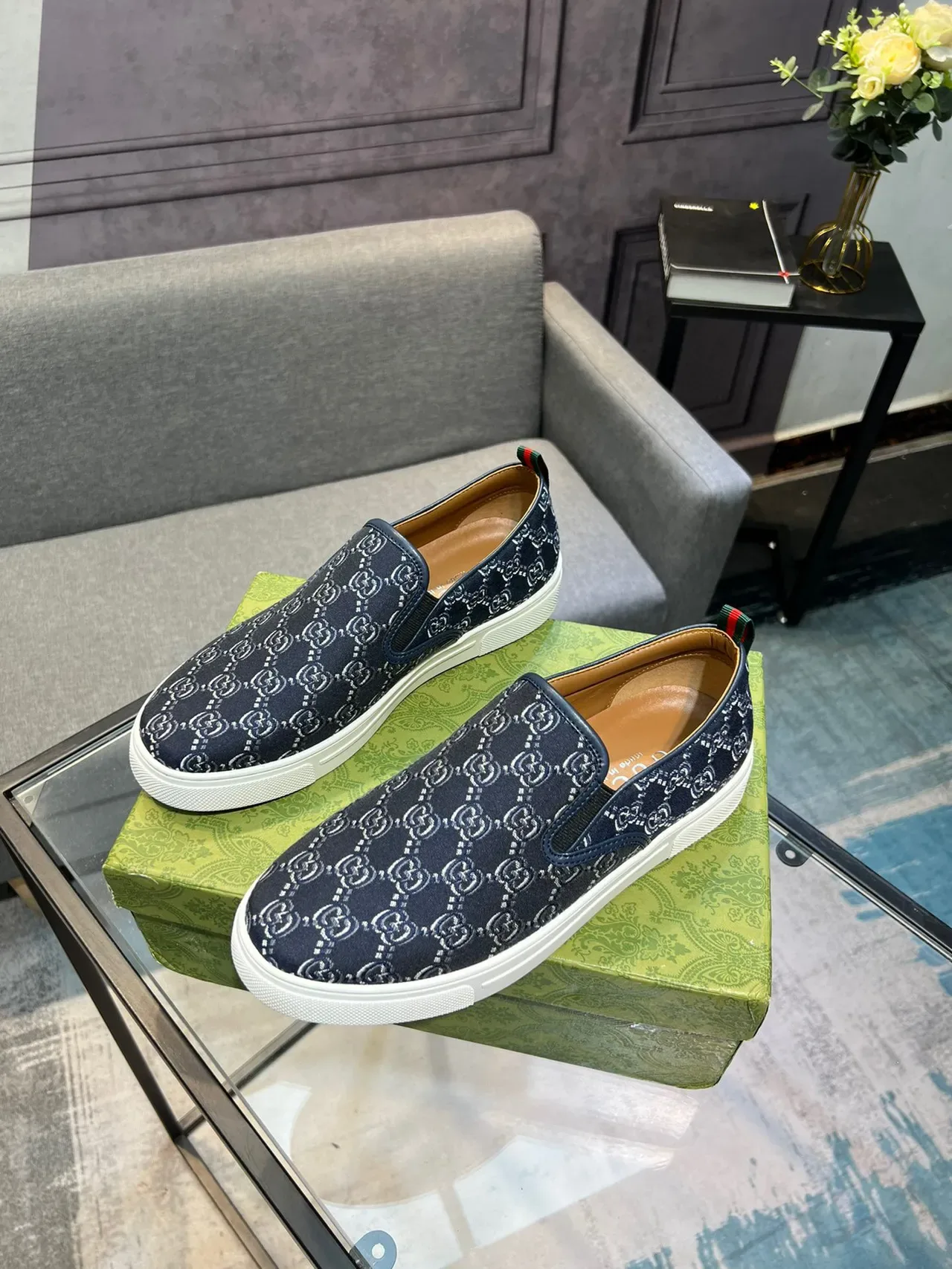 Gucci Navy White GG Monogram Canvas Slip-On Construction Lifestyle Sneakers 9