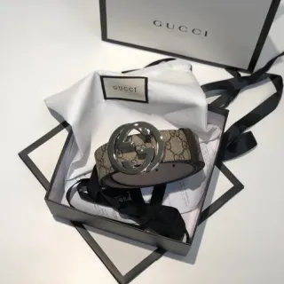 Gucci Ophidia Beige Black GG Monogram Canvas Interlocking G Buckle Leather Belt