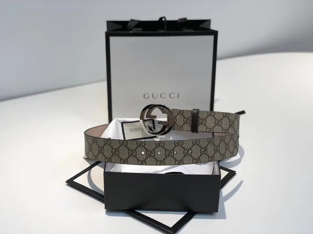 Gucci Ophidia Beige Black GG Monogram Canvas Interlocking G Buckle Leather Belt 4