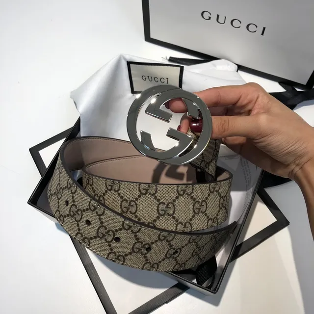 Gucci Ophidia Beige Black GG Monogram Canvas Interlocking G Buckle Leather Belt 5