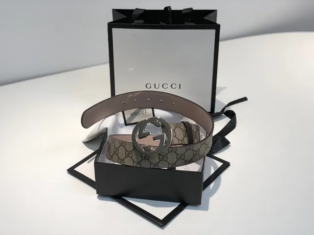 Gucci Ophidia Beige Black GG Monogram Canvas Interlocking G Buckle Leather Belt 6