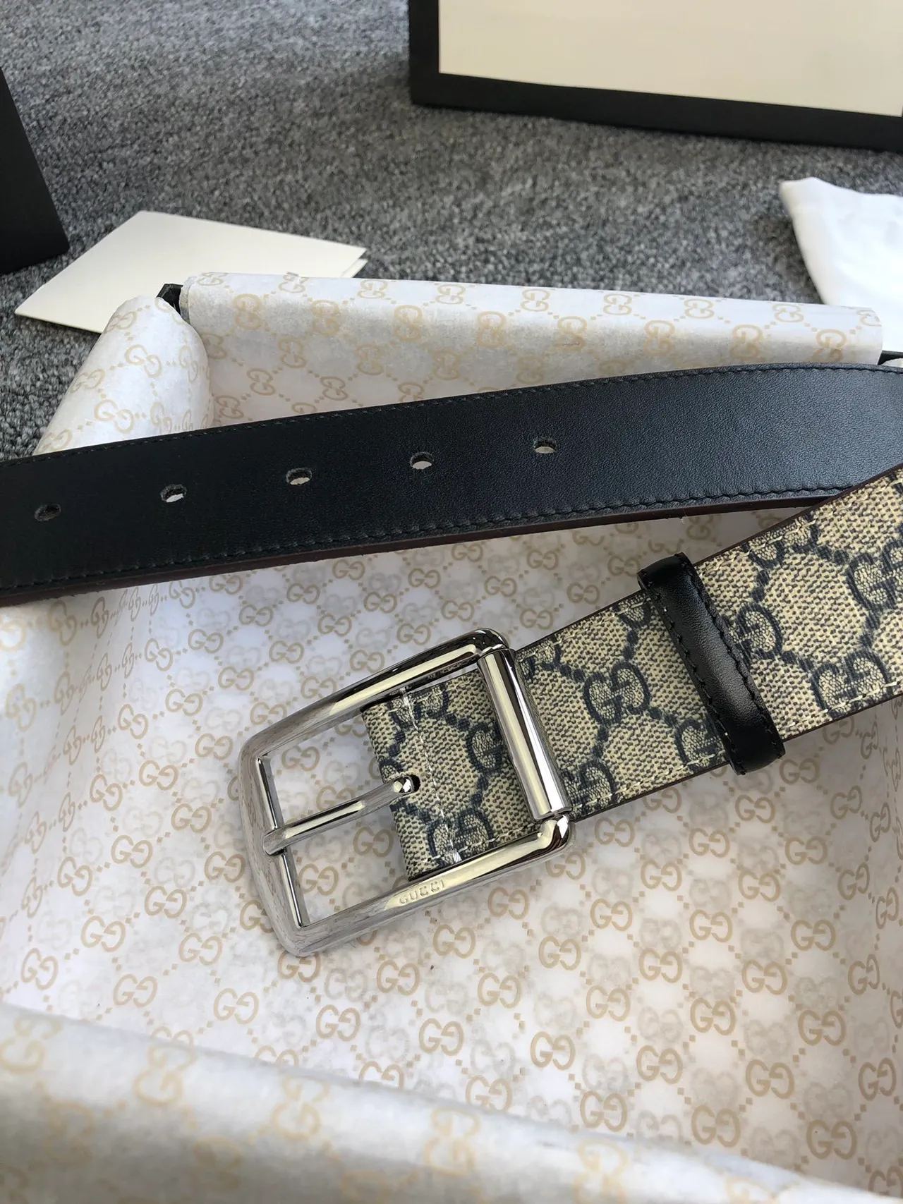 Gucci Ophidia Beige Black GG Supreme Canvas Trim Leather Belt 2