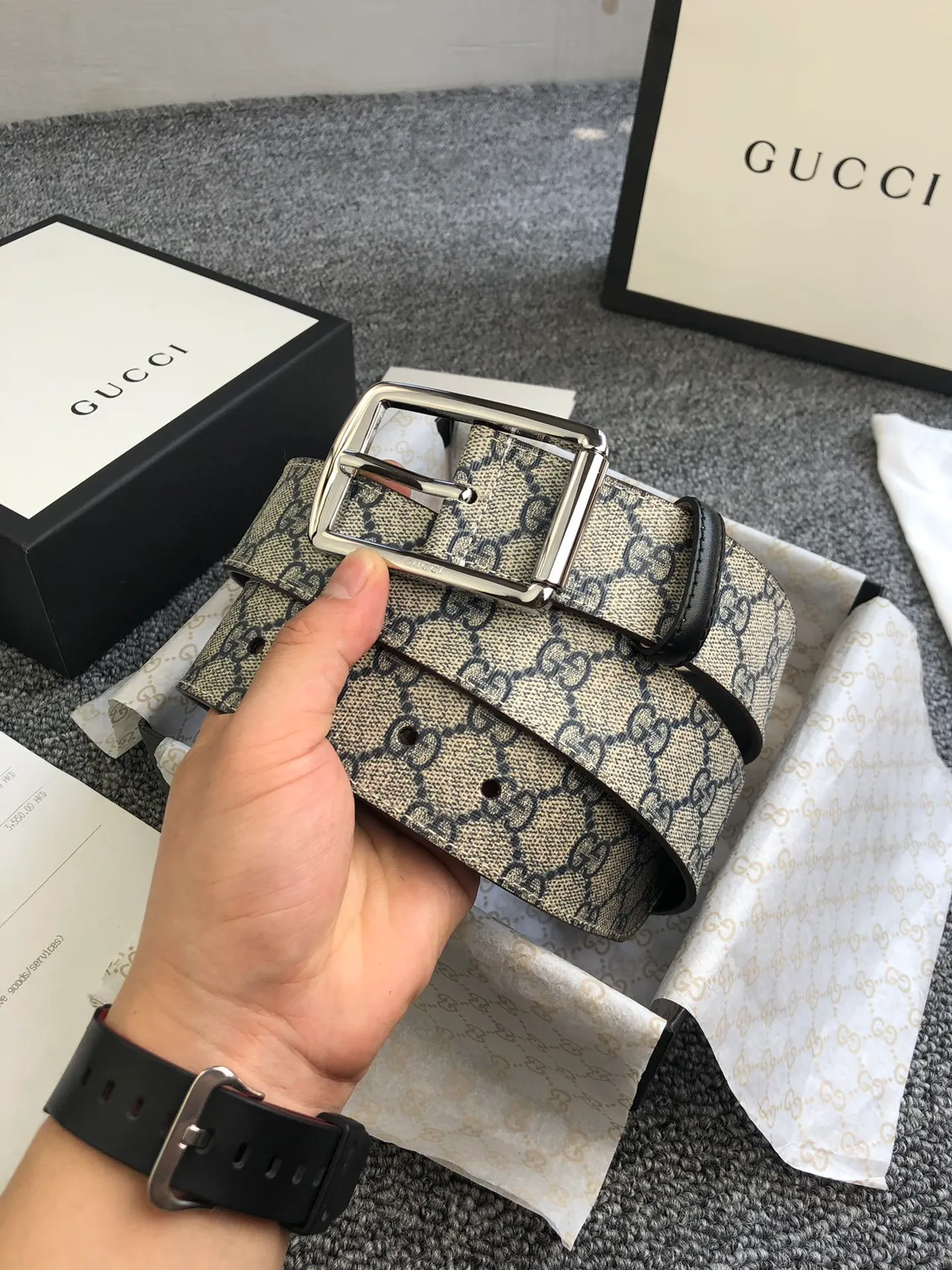 Gucci Ophidia Beige Black GG Supreme Canvas Trim Leather Belt 5
