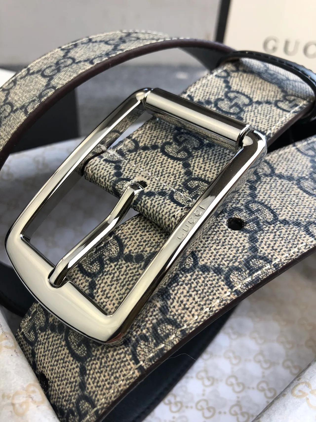 Gucci Ophidia Beige Black GG Supreme Canvas Trim Leather Belt 7