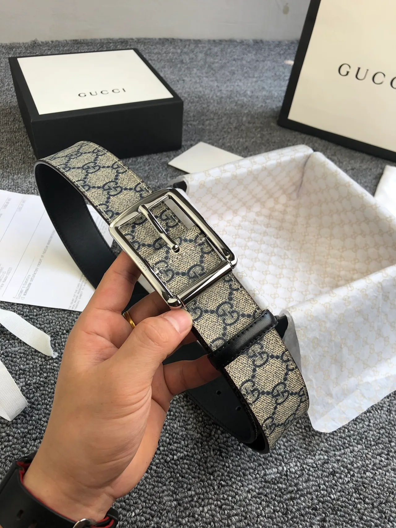 Gucci Ophidia Beige Black GG Supreme Canvas Trim Leather Belt 9