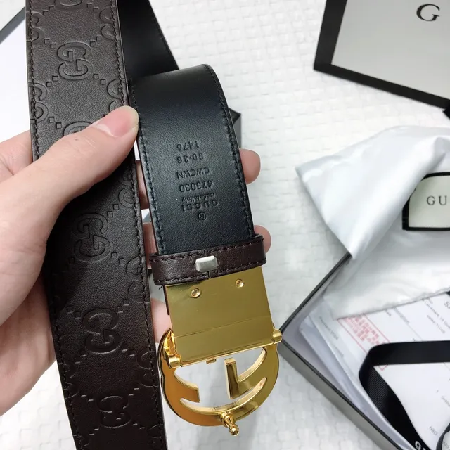 Gucci Ophidia Brown Gold Embossed GG Monogram Interlocking G Buckle Leather Belt 7