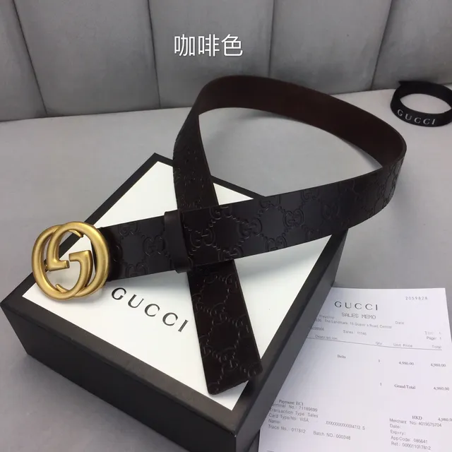 Gucci Ophidia Brown Gold Embossed GG Monogram Interlocking G Buckle Leather Belt 6