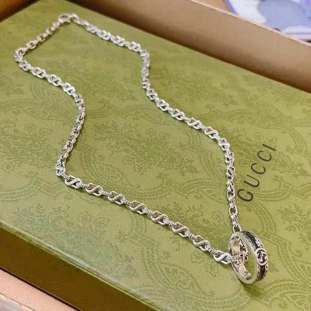 Gucci Ophidia Silver Black Interlocking G Pendant Link Chain Necklace 7