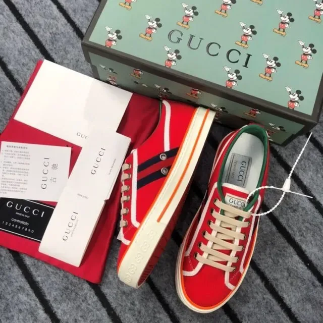 Gucci vermelho verde lona superior painéis laterais listrados sneakers lifestyle 5