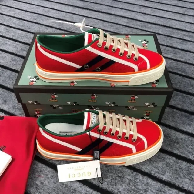 Gucci vermelho verde lona superior painéis laterais listrados sneakers lifestyle 6