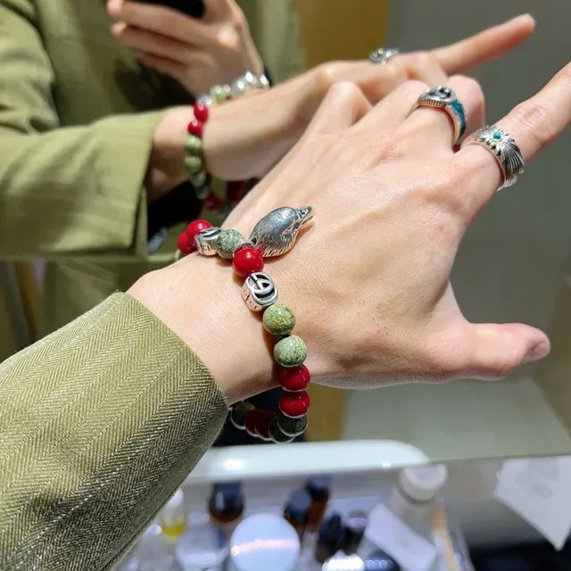 Gucci Red Silver Beaded Stone And Metal Bracelet 5