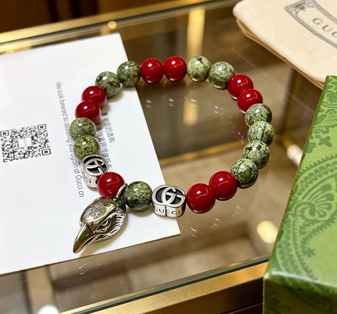 Gucci Red Silver Beaded Stone And Metal Bracelet 7