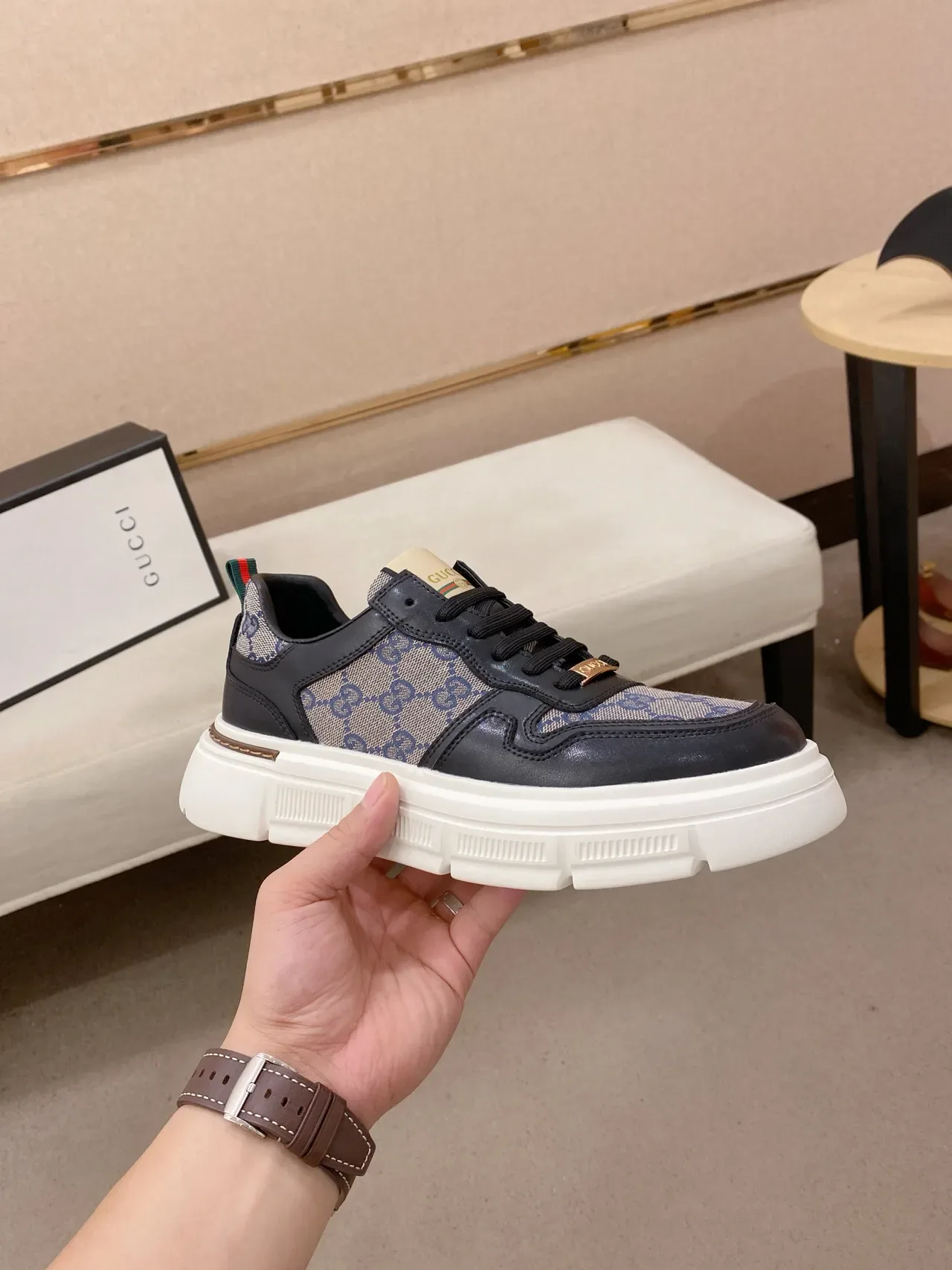 Gucci Screener Black Beige GG Monogram Canvas Leather Overlays Lifestyle Sneakers 5