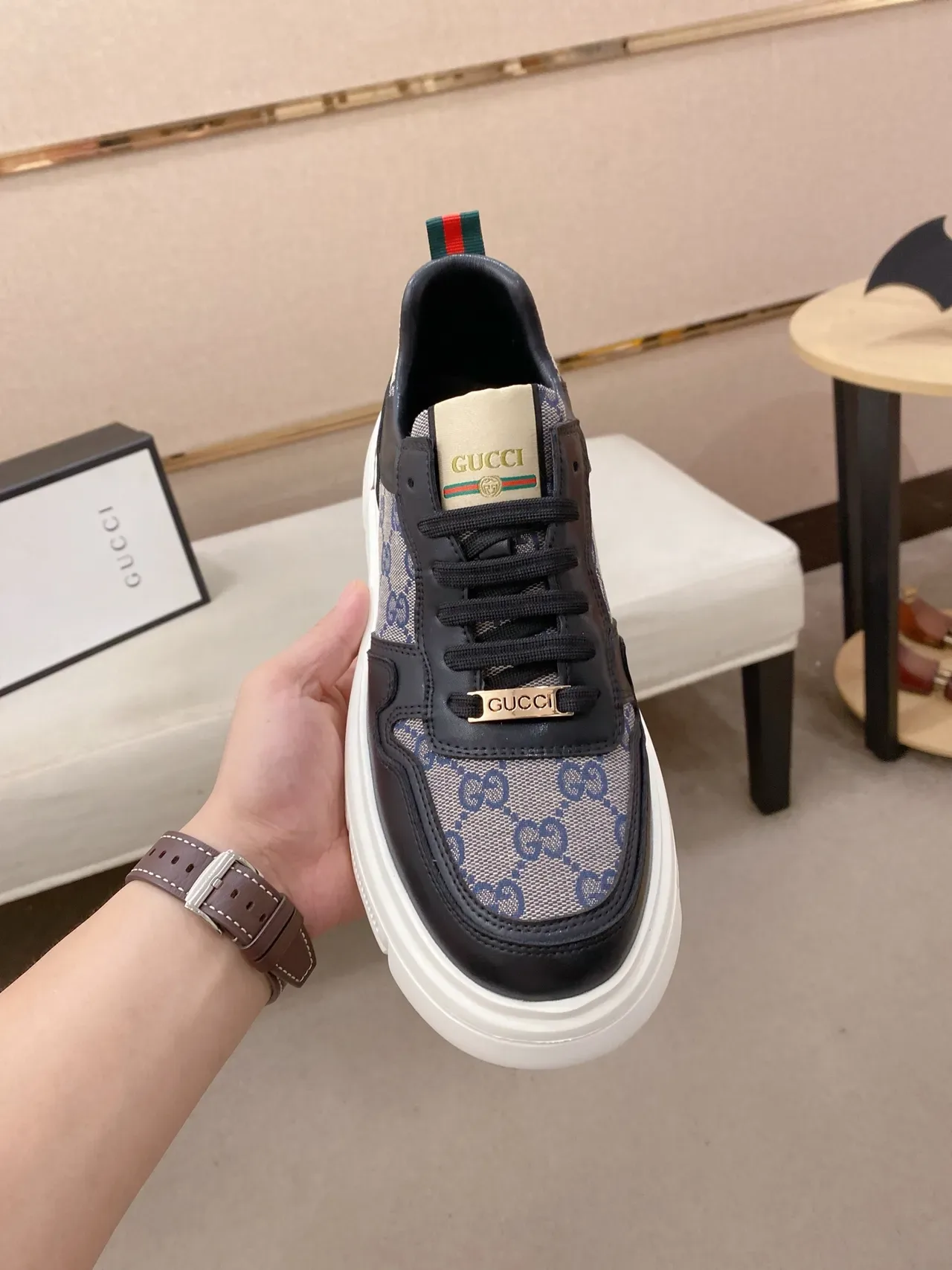 Gucci Screener Black Beige GG Monogram Canvas Leather Overlays Lifestyle Sneakers 6