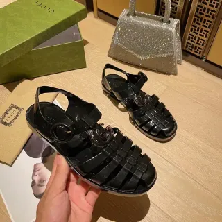 Gucci Screener Sandálias Casuais Alça Trançada Preta Jelly