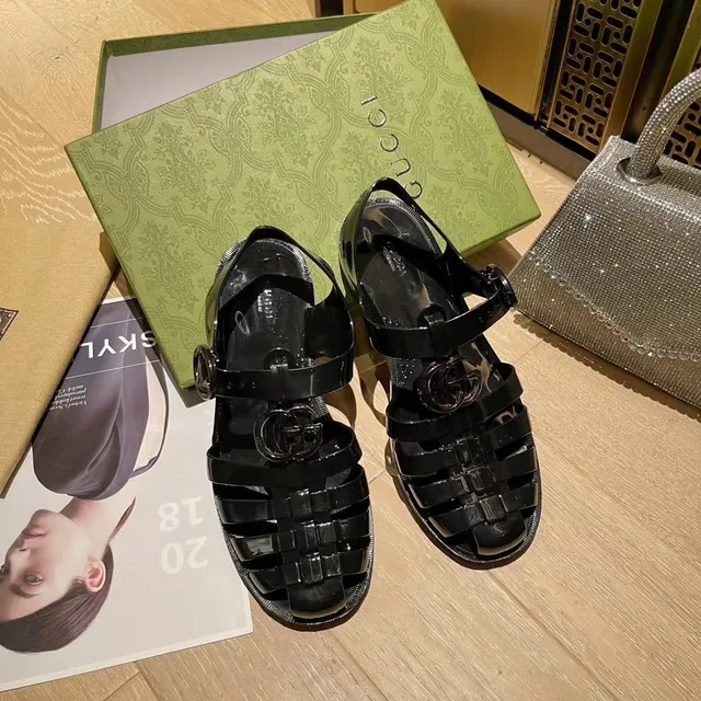 Gucci Screener Sandálias Casuais Alça Trançada Preta Jelly 4