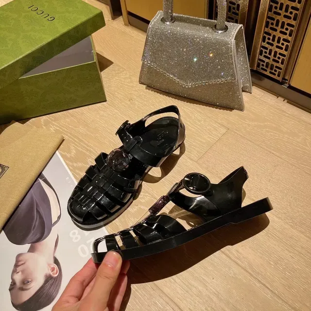 Gucci Screener Sandálias Casuais Alça Trançada Preta Jelly 5