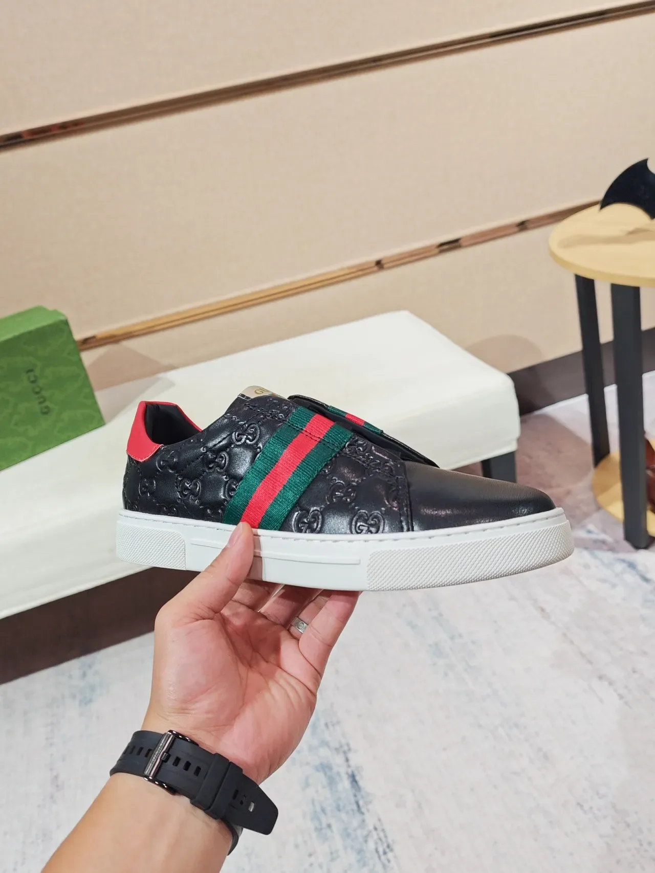 Gucci Screener Black Leather Web Stripe Slip-On Lifestyle Sneakers 4