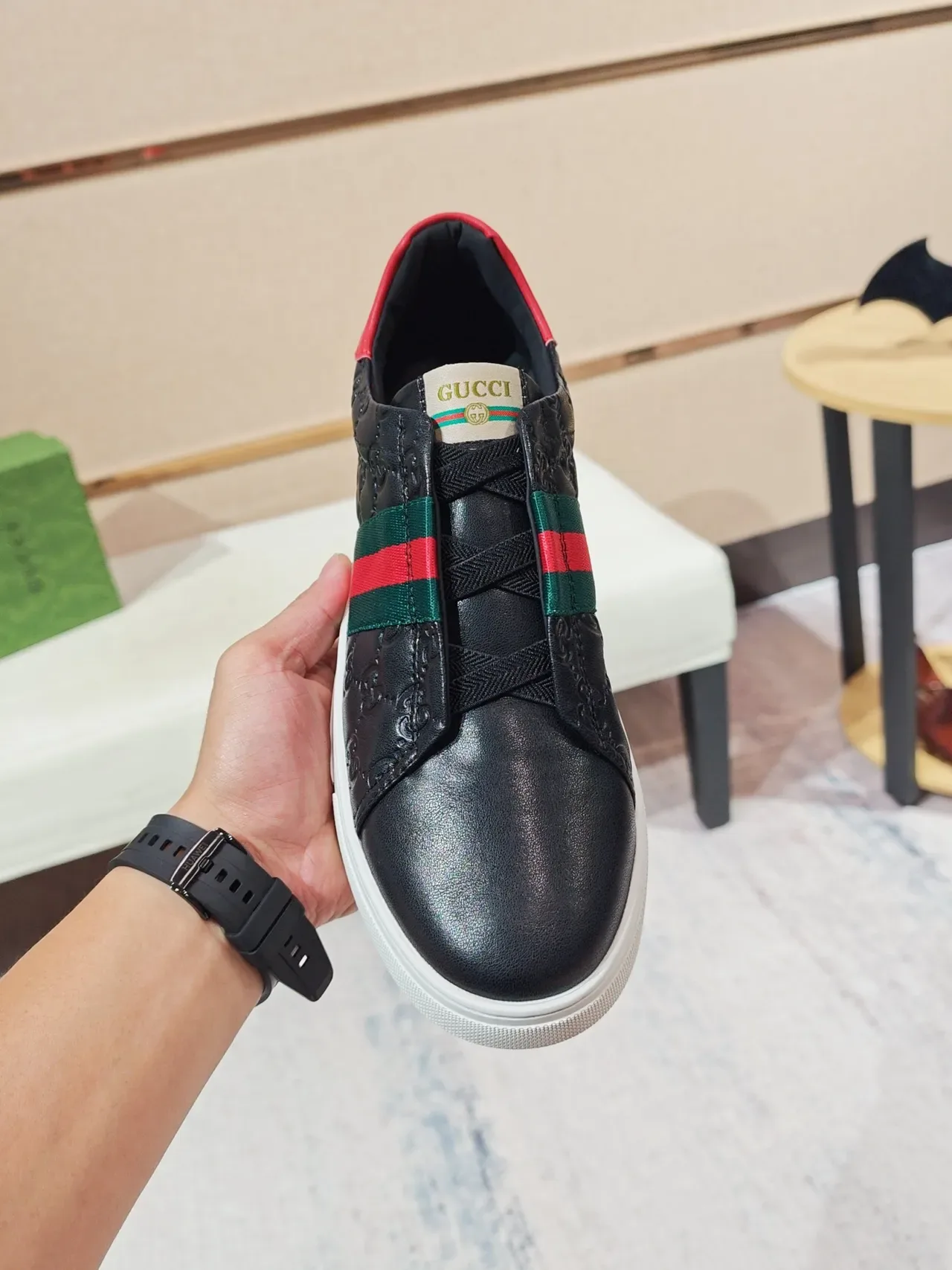 Gucci Screener Black Leather Web Stripe Slip-On Lifestyle Sneakers 5