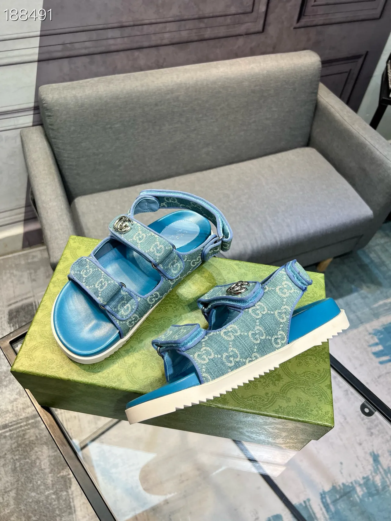 Gucci Screener Blue Monogram Jacquard Casual Sandals 6