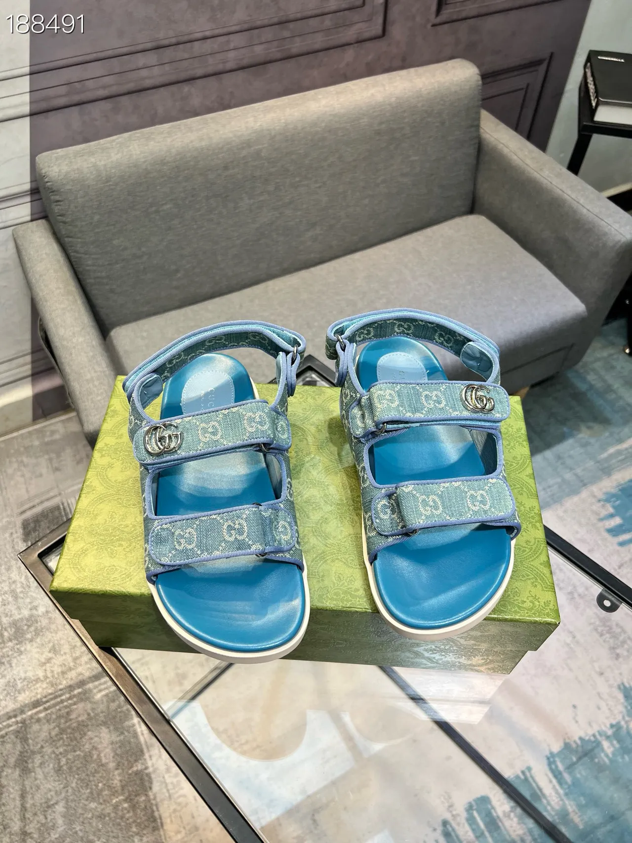 Gucci Screener Blue Monogram Jacquard Casual Sandals 7