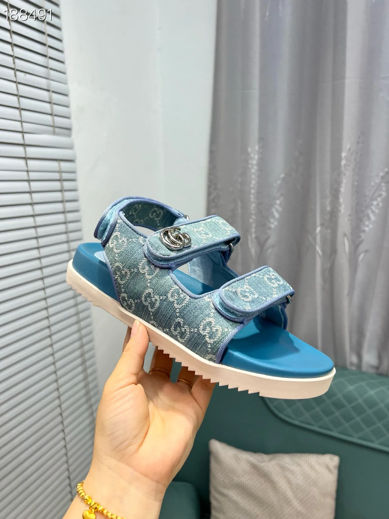 Gucci Screener Blue Monogram Jacquard Casual Sandals 8