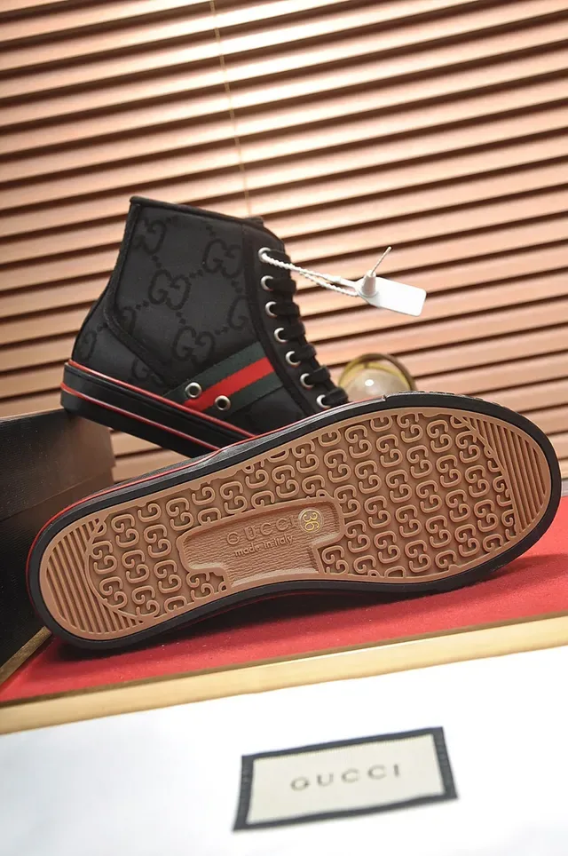 Gucci Screener High Top Preto Vermelho Verde Listra Web Estilo de Vida Tênis 4