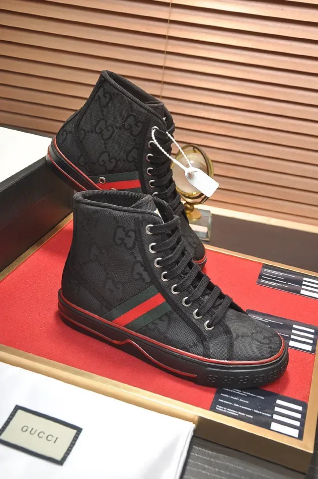 Gucci Screener High Top Preto Vermelho Verde Listra Web Estilo de Vida Tênis 6