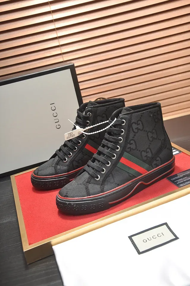 Gucci Screener High Top Preto Vermelho Verde Listra Web Estilo de Vida Tênis 8