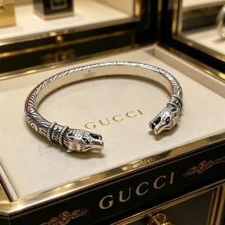 Gucci Silver Black Open Cuff Animal Head Terminals Bracelet