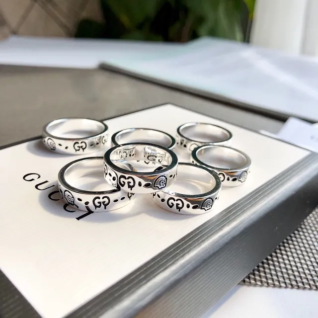 Gucci Silver Black Stackable Band Rings Enamel GG Motif Ring 6