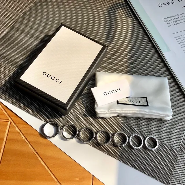 Gucci Silver Black Stackable Band Rings Enamel GG Motif Ring 9