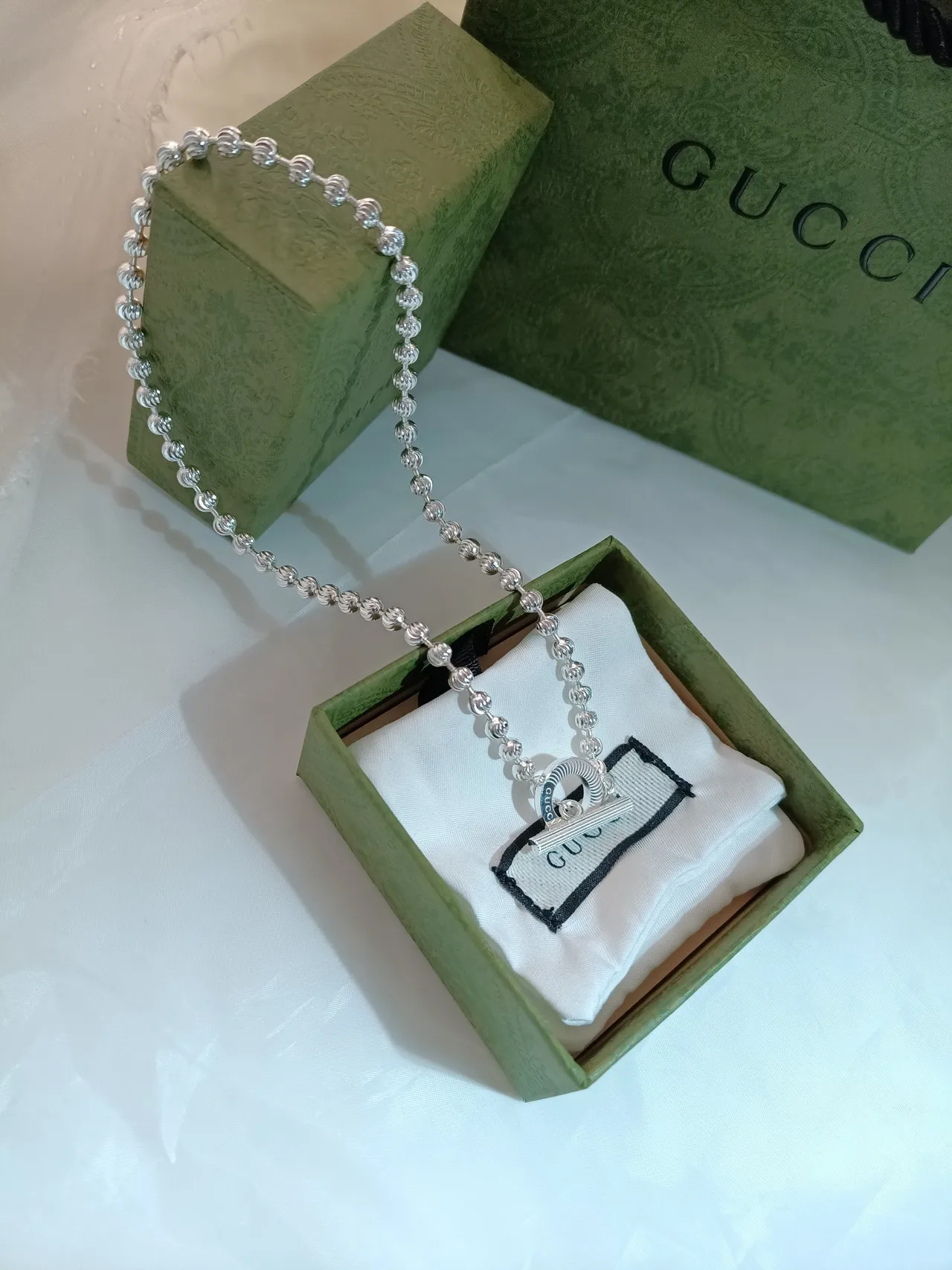 Gucci 银蓝色串珠球链条纹珐琅切换扣手链 2